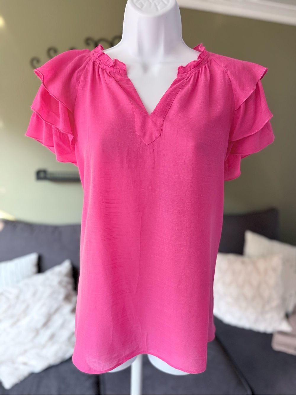 Nanette Lepore Hot Pink Ruffle Sleeve V-Neck Blouse